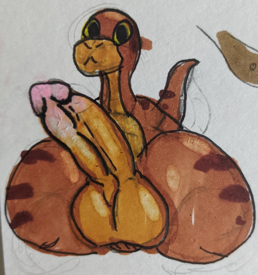 anthro balls big_balls big_penis brown_body brown_scales genitals glistening glistening_body hi_res hoodieguy male marker_(artwork) orange_body orange_scales penis reptile scales scalie snake solo traditional_media_(artwork)