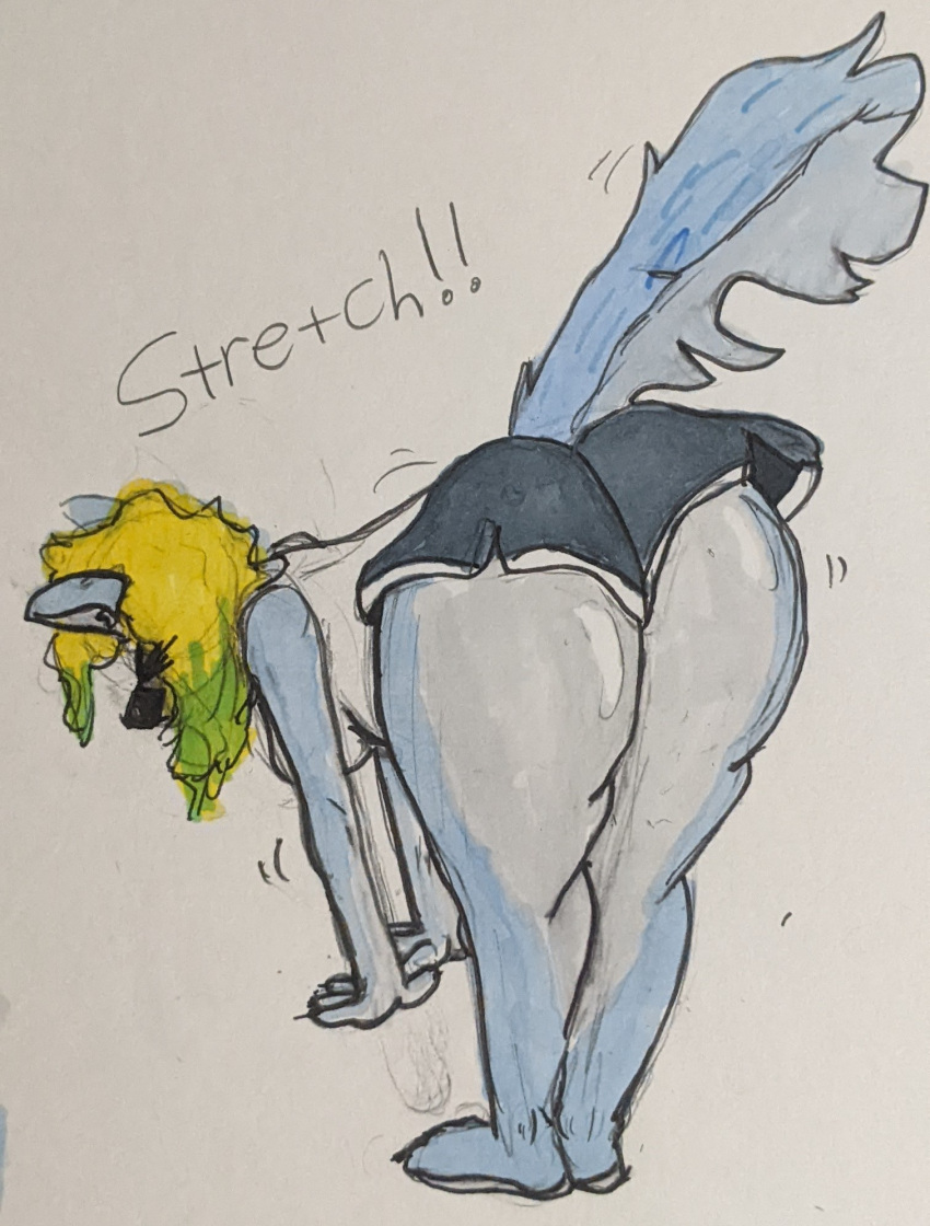 anthro basketball_shorts bent_over big_butt blonde_hair blue_body blue_fur butt canid canine canis clothed clothing dyed-hair female fur hair hi_res hoodieguy mammal marker_(artwork) shirt solo stretching tank_top topwear traditional_media_(artwork) wolf