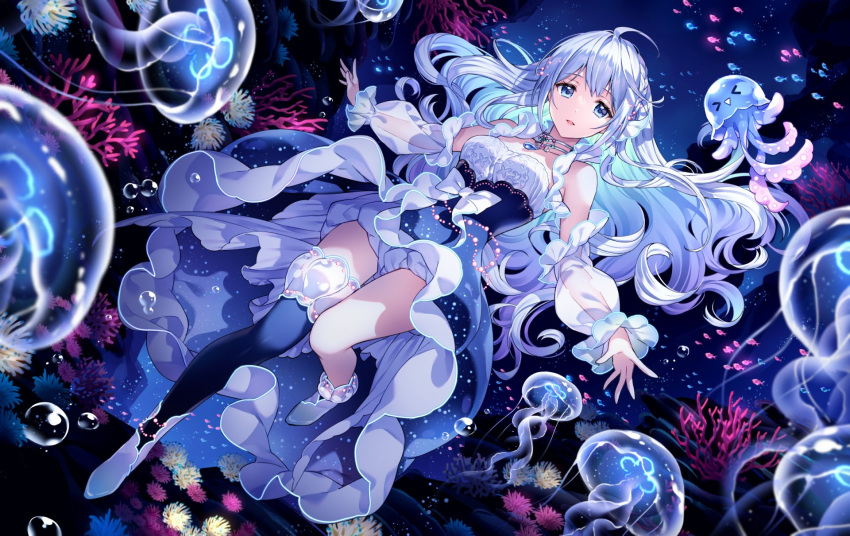 &gt;_&lt; &gt;o&lt; 1girl ahoge aitsuki_nakuru anklet asymmetrical_legwear bloomers blue_eyes blue_hair bow breasts bubble collarbone commentary coral_reef dark_background detached_sleeves dress fish floating_clothes floating_hair gem glowing glowing_hair highres jellyfish jewelry la_priere long_hair looking_at_viewer medium_breasts multicolored_hair nardack necklace official_art outstretched_arms shoes sleeveless sleeveless_dress smile spread_arms thighhighs thighlet underwater underwear white_hair