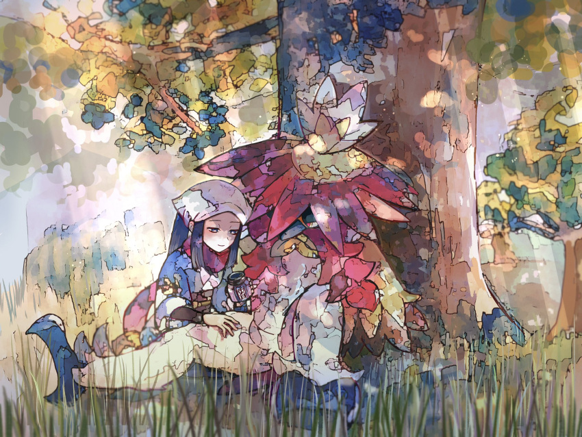 1girl against_tree akari_(pokemon) beak black_hair galaxy_expedition_team_survey_corps_uniform grass head_scarf highres hisuian_decidueye koke_karashiro looking_at_another pokemon pokemon_(creature) pokemon_(game) pokemon_legends:_arceus potion_(pokemon) red_scarf scarf shade sitting smile sunlight talons tree