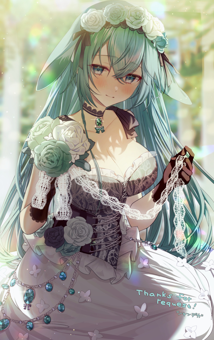 1girl animal_ears bangs black_gloves blurry blurry_background blush breasts cleavage closed_mouth collarbone commission crossed_bangs dega1028 dress eyebrows_visible_through_hair flower frilled_dress frills gloves green_eyes green_flower green_hair green_rose hair_between_eyes hair_flower hair_ornament highres holding holding_flower jewelry lace_trim large_breasts long_hair looking_at_viewer necklace original rabbit_ears rabbit_girl rose sidelocks signature skeb_commission smile solo very_long_hair watermark white_flower white_rose