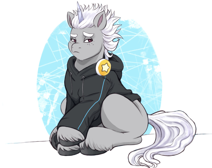 aged_down alphabittle_blossomforth_(mlp) clothed clothing equid equine eyebrows feral fetlocks fluffy fluffy_tail freckles fur grey_body grey_fur hair hasbro headphones hi_res hoodie hooves horn horse lidded_eyes male mammal mane mlp_g5 my_little_pony my_little_pony:_a_new_generation pony raised_eyebrow sallylla simple_background sitting solo teenager thick_eyebrows topwear unicorn white_hair young