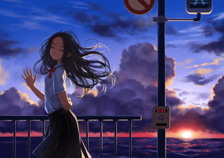 1girl arm_behind_back black_hair black_skirt blue_sky bow bowtie closed_eyes cloud collared_shirt commentary_request cowboy_shot dusk from_side grin hand_up highres horizon long_hair ocean original outdoors parted_lips pedestrian_lights pleated_skirt railing red_bow red_bowtie school_uniform shirt shirt_tucked_in short_sleeves skirt sky smile solo striped striped_bow striped_bowtie sunset waving white_shirt window1228