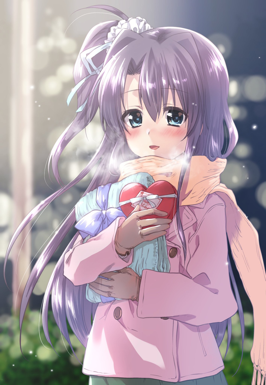 1girl bangs blue_eyes blurry blurry_background blush box breath collar commentary_request commission eyebrows_visible_through_hair fringe_trim gift gift_box gloves grey_gloves hair_ornament hair_ribbon hair_scrunchie heart-shaped_box highres holding holding_gift kuroi_mimei long_hair long_sleeves looking_at_viewer lyrical_nanoha mahou_shoujo_lyrical_nanoha_vivid one_side_up open_mouth orange_scarf outdoors pink_collar purple_hair ribbon scarf scrunchie skeb_commission smile solo standing upper_body valentine white_ribbon white_scrunchie winter_clothes yumina_enclave