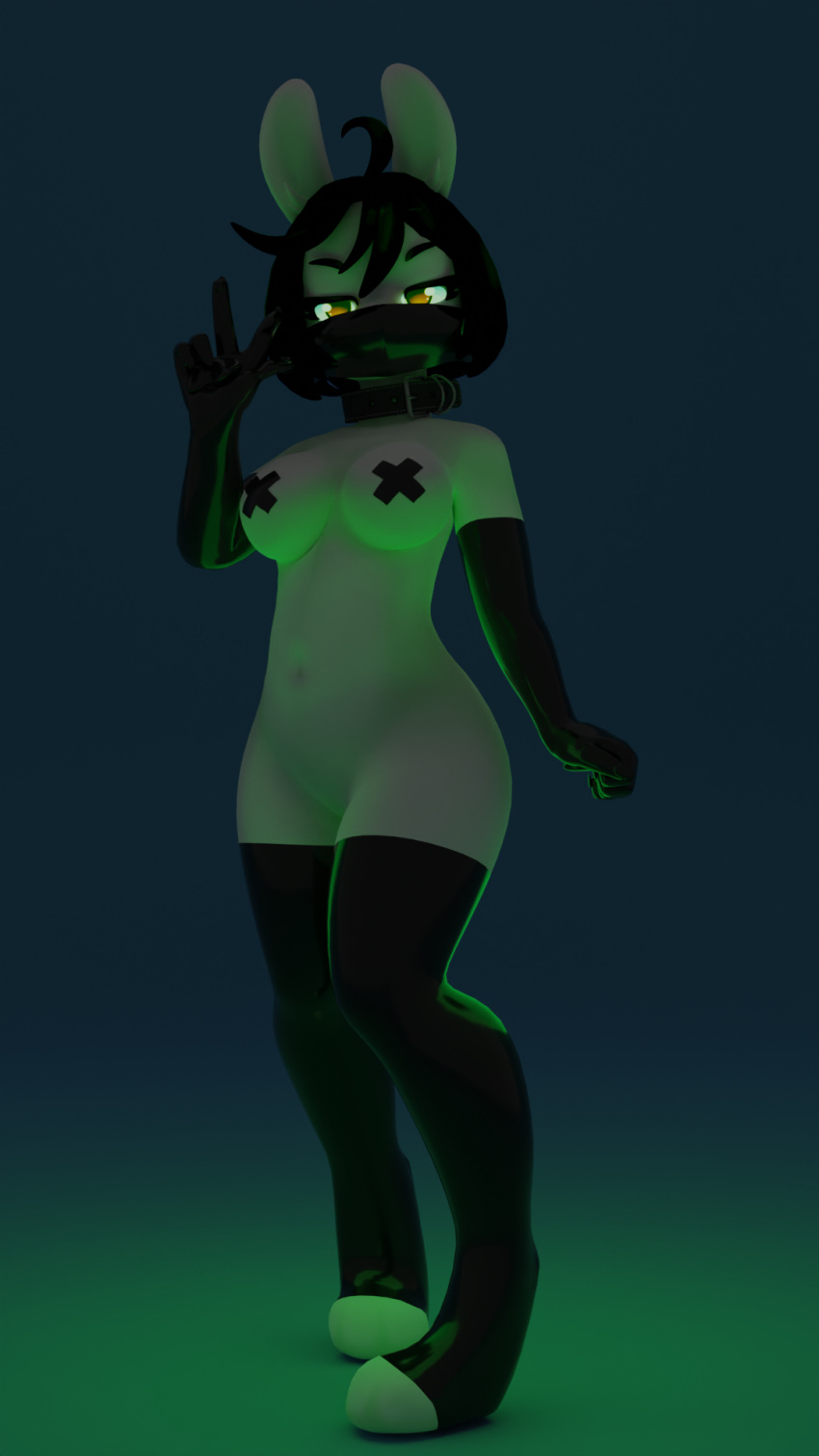 3d_(artwork) 3drender 9:16 anthro choker clothing collar digital_media_(artwork) face_mask female gloves handwear hi_res humanoid jewelry lagomorph latex latex_armwear latex_clothing latex_gloves latex_legwear latex_stockings leporid mammal mask necklace pasties rabbit radioactive solo