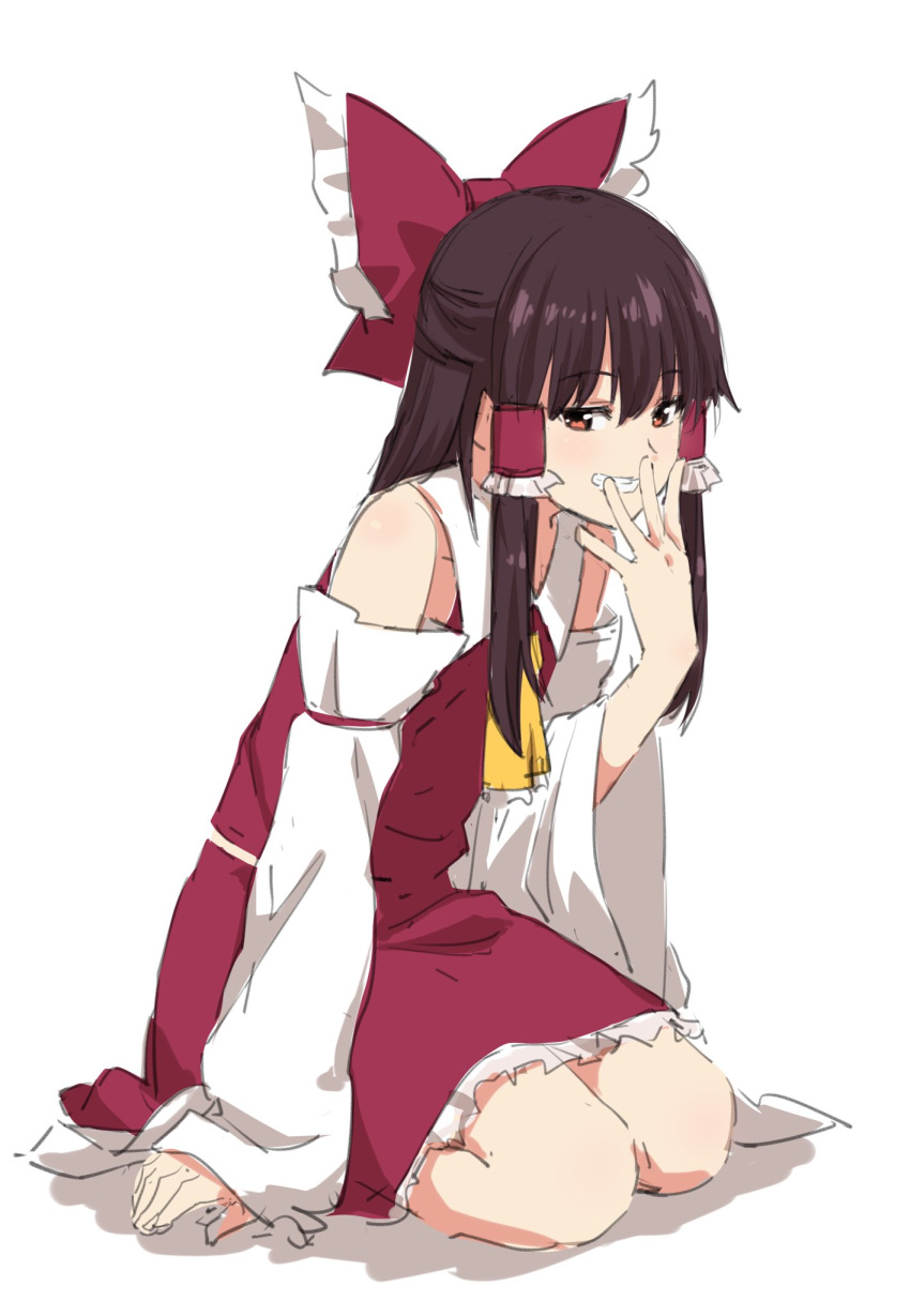 1girl ascot bare_shoulders bow covering_mouth detached_sleeves eyebrows_visible_through_hair frilled_bow frilled_skirt frills hair_bow hair_tubes hakurei_reimu hand_over_own_mouth highres kneeling laughing leon_(mikiri_hassha) looking_at_viewer red_skirt sidelocks simple_background sitting skirt sleeveless smile smug solo touhou white_background yellow_ascot