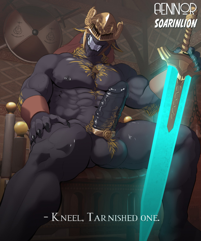 accessory aennor anthro armor ball_tuft balls big_(disambiguation) black_body black_claws black_fur black_nipples blonde_highlights chair cheek_tuft chin_tuft claws clenched_teeth cock_ring cuffs_(clothing) dialogue ears_down elbow_tufts elden_ring erection facial_tuft fangs fur furniture genitals goldy_(goldenrecord) grin hair hand_on_leg hand_on_thigh headgear helmet hi_res highlights_(coloring) holding_object holding_weapon humanoid_genitalia jewelry looking_at_viewer male melee_weapon muscular muscular_male necklace nipples nude on_chair penis penis_accessory penis_jewelry pivoted_ears pose presenting pubes red_hair sergal sitting sitting_on_chair smile soarinlion solo spread_legs spreading sword teeth throne tuft video_games weapon