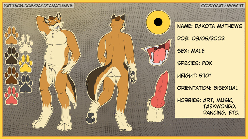 anthro balls canid canine character_description codymathews dakota_mathews fox genitals hi_res male mammal nude open_mouth penis reference_image solo