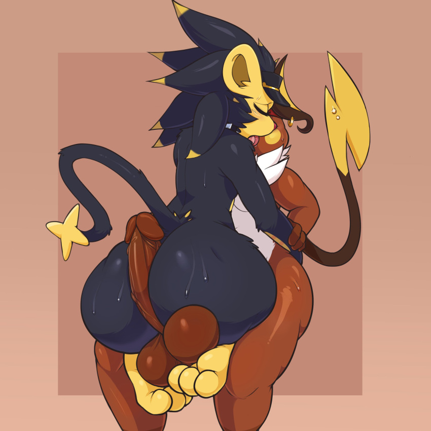 anthro balls big_balls big_butt big_ears big_penis butt clothing duo ear_piercing ear_ring feet feet_on_balls fluffy_chest genitals grabbing_arm hair hat headgear headwear hi_res hindpaw hot_dogging long_hair long_tail luxray male male/male nintendo open_mouth paws paws_on_balls penis piercing pok&eacute;mon pok&eacute;mon_(species) raichu rokan_(rokanartz) soles toes tongue tongue_out vein veiny_penis video_games virito