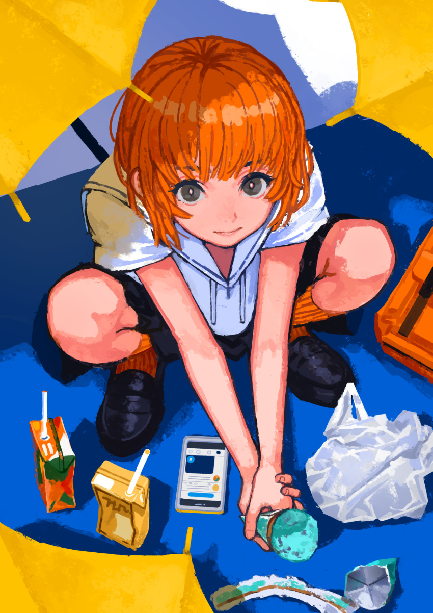 1girl bag bare_arms black_footwear black_skirt brown_eyes cellphone closed_mouth food full_body highres holding holding_food ice_cream ice_cream_cone juice_box looking_at_viewer orange_hair orange_legwear original phone pleated_skirt sailor_collar school_uniform serafuku shade shirt shopping_bag short_hair short_sleeves skirt smartphone smile socks solo squatting umbrella white_sailor_collar white_shirt window1228 yellow_umbrella