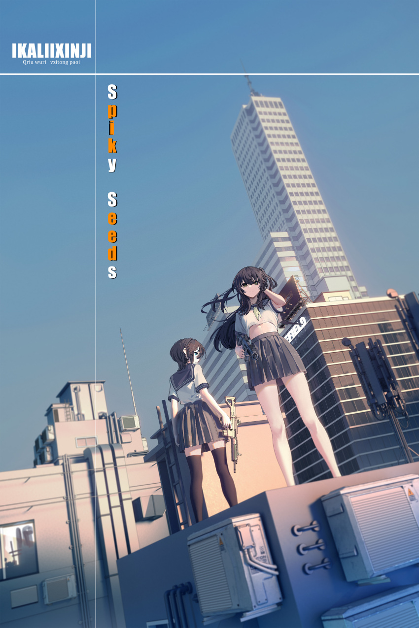 2girls absurdres air_conditioner antenna_mast arm_up artist_name bare_legs black_hair blue_eyes brown_hair building cityscape clear_sky day english_commentary facing_away facing_viewer green_eyes gun half_updo hand_in_hair highres holding holding_weapon long_hair looking_at_viewer machinery midriff_peek multiple_girls navel on_roof original school_uniform short_hair side_ponytail sky skyscraper thighhighs weapon yigali_xinji zettai_ryouiki
