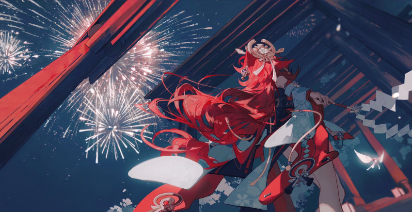 1girl absurdres animal_ears bug butterfly detached_sleeves dmbjia dutch_angle earrings festival fireworks floppy_ears fox_ears from_behind genshin_impact glowing_butterfly highres holding holding_wand japanese_clothes jewelry kimono long_hair looking_up low-tied_long_hair miko night night_sky priestess red_hair shirt sky sleeveless sleeveless_shirt torii vision_(genshin_impact) walking wand wide_sleeves yae_miko