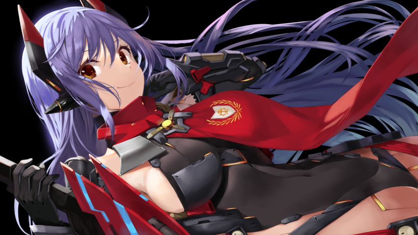 1girl android black_background black_gloves breasts brown_hair commentary_request covered_navel gloves headpiece joints large_breasts leotard long_hair looking_at_viewer poppi_(xenoblade) poppi_qtpi_(xenoblade) purple_hair red_scarf robot_joints scarf sideboob solo sword weapon xenoblade_chronicles_(series) xenoblade_chronicles_2 yappen