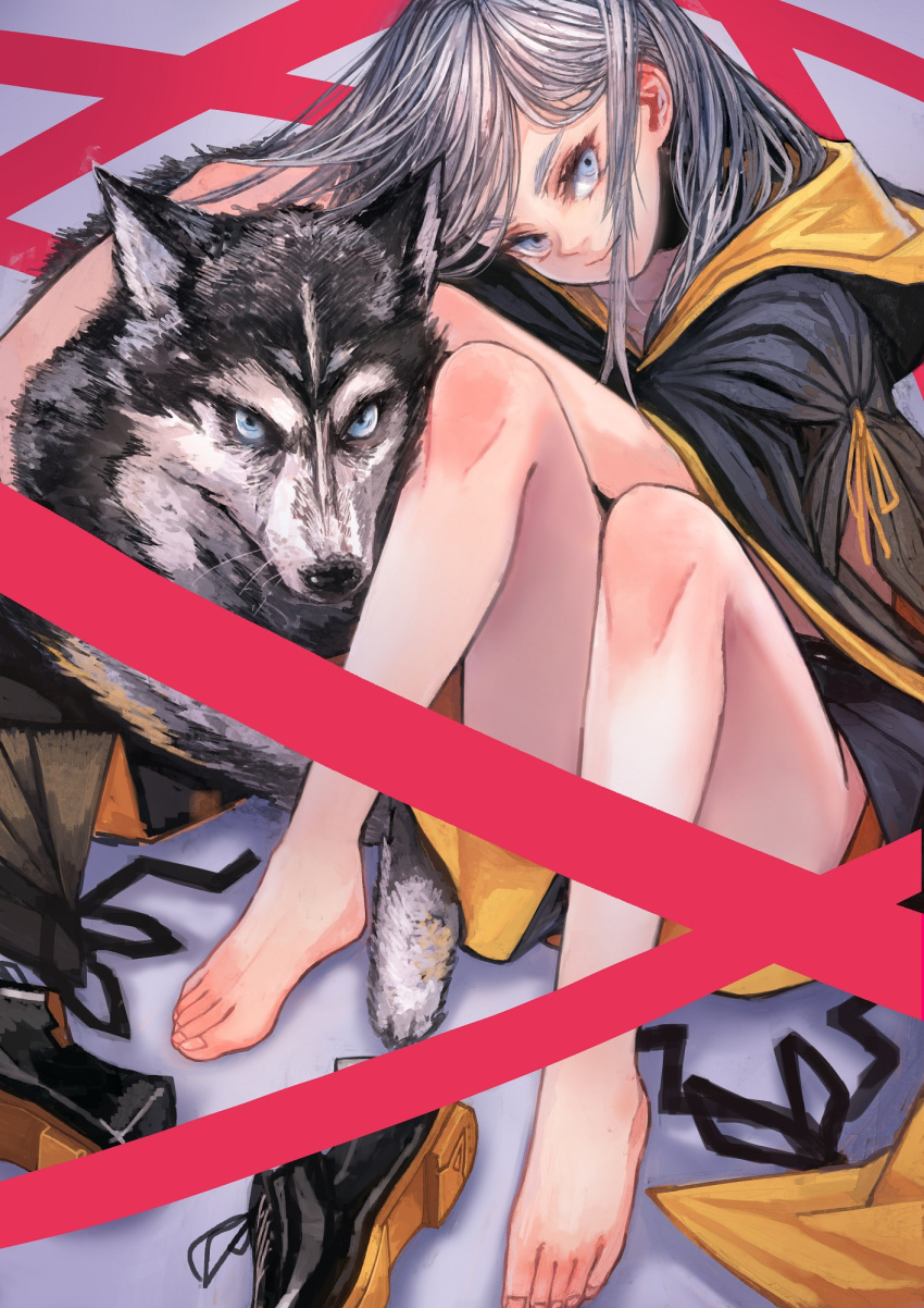 1girl bare_legs barefoot black_cloak black_ribbon cloak closed_mouth commentary_request feet grey_background grey_eyes grey_hair highres hood hooded_cloak long_hair looking_at_viewer original red_ribbon ribbon shoes shoes_removed simple_background smile solo toes window1228 wolf