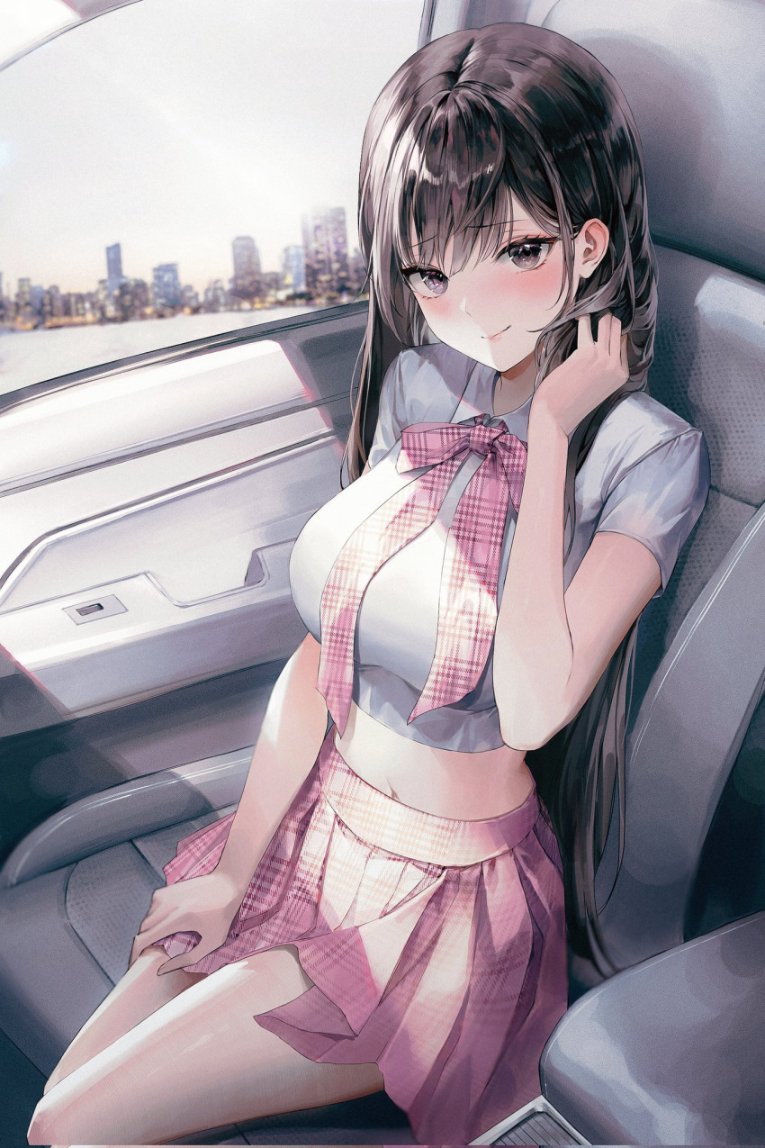 1girl bangs blurry blurry_background blush breasts brown_eyes brown_hair car_interior character_request closed_mouth collared_shirt commentary_request copyright_request danah eyebrows_visible_through_hair eyeshadow hand_in_hair hand_on_own_thigh highres korean_commentary large_breasts long_hair looking_at_viewer makeup midriff miniskirt navel neck_ribbon pink_ribbon pink_skirt plaid plaid_ribbon plaid_skirt pleated_skirt ribbon school_uniform shirt short_sleeves sitting skirt smile solo swept_bangs very_long_hair white_shirt window