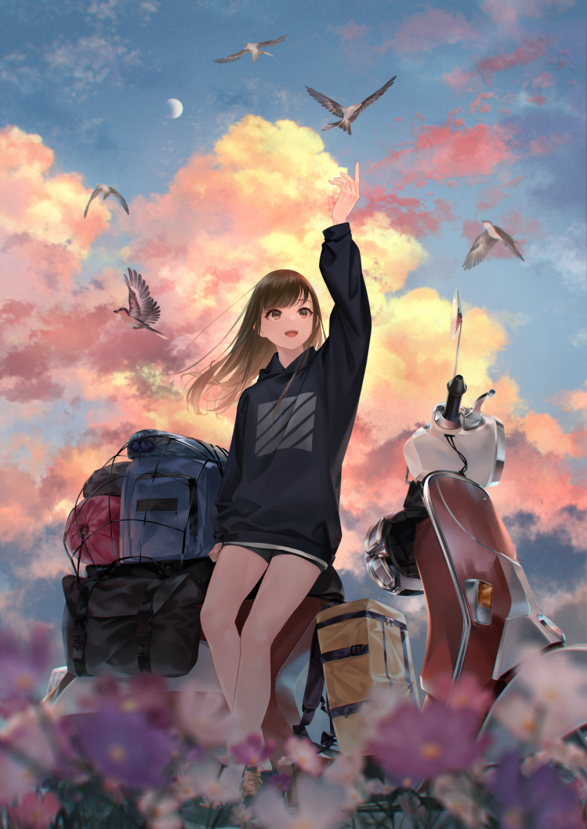 1girl :d animal arm_up bag bangs bare_legs bike_shorts bird black_shorts black_sweater blurry blurry_foreground brown_eyes brown_hair cloud cloudy_sky commentary_request crescent_moon day depth_of_field dress eyebrows_visible_through_hair flower ground_vehicle headwear_removed helmet helmet_removed highres long_hair luggage moon motor_vehicle open_mouth original outdoors purple_flower revision scooter shorts sky smile solo sousou_(sousouworks) standing sweater sweater_dress swept_bangs