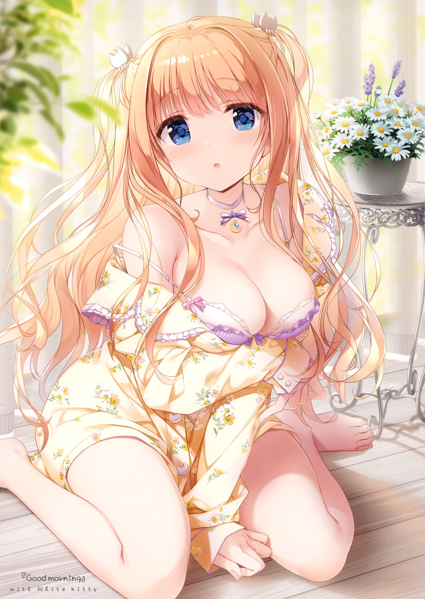 1girl absurdres arm_under_breasts bangs bare_legs bare_shoulders barefoot blonde_hair blue_eyes blunt_bangs blush bra breast_hold breasts cat_hair_ornament choker cleavage collarbone daisy day eyebrows_visible_through_hair feet flower frilled_bra frills hair_intakes hair_ornament highres indoors jewelry kimishima_ao large_breasts long_hair long_sleeves looking_at_viewer nail_polish necklace original parted_lips pink_nails plant potted_plant purple_bra purple_choker saijo_melia sitting solo toenail_polish toenails toes two_side_up underwear very_long_hair wariza white_flower