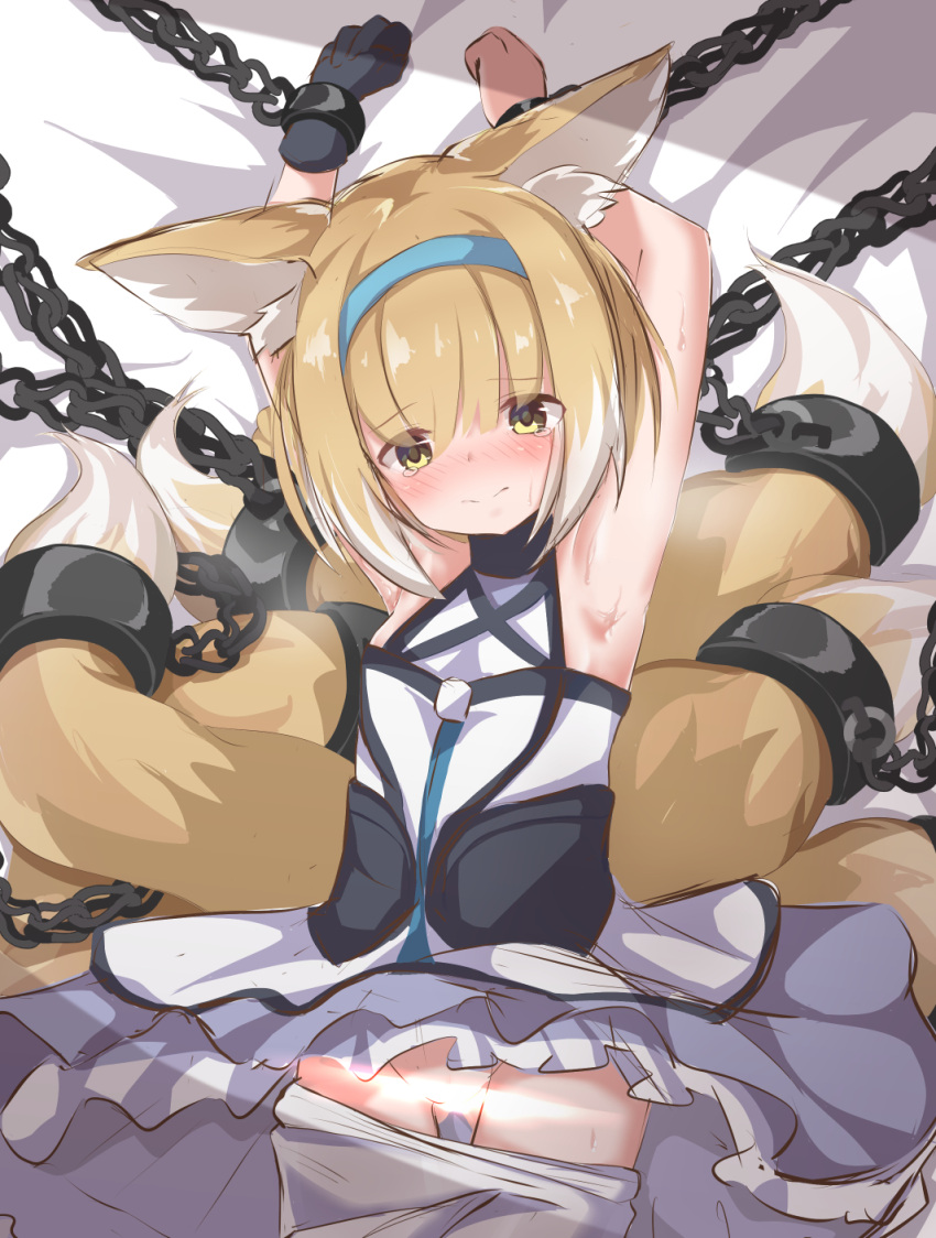 1girl animal_ear_fluff animal_ears arknights armpits arms_up bare_shoulders bed_sheet black_gloves blue_hairband blue_skirt blush brown_hair chain closed_mouth clothes_lift clothes_pull cuffs fox_ears fox_girl fox_tail frilled_skirt frills gloves hairband highres k_knakomochi008 kitsune looking_at_viewer lying multicolored_hair nose_blush on_back pantyhose pantyhose_pull shirt single_glove skirt skirt_lift solo suzuran_(arknights) tail tears two-tone_hair white_hair white_legwear white_shirt yellow_eyes