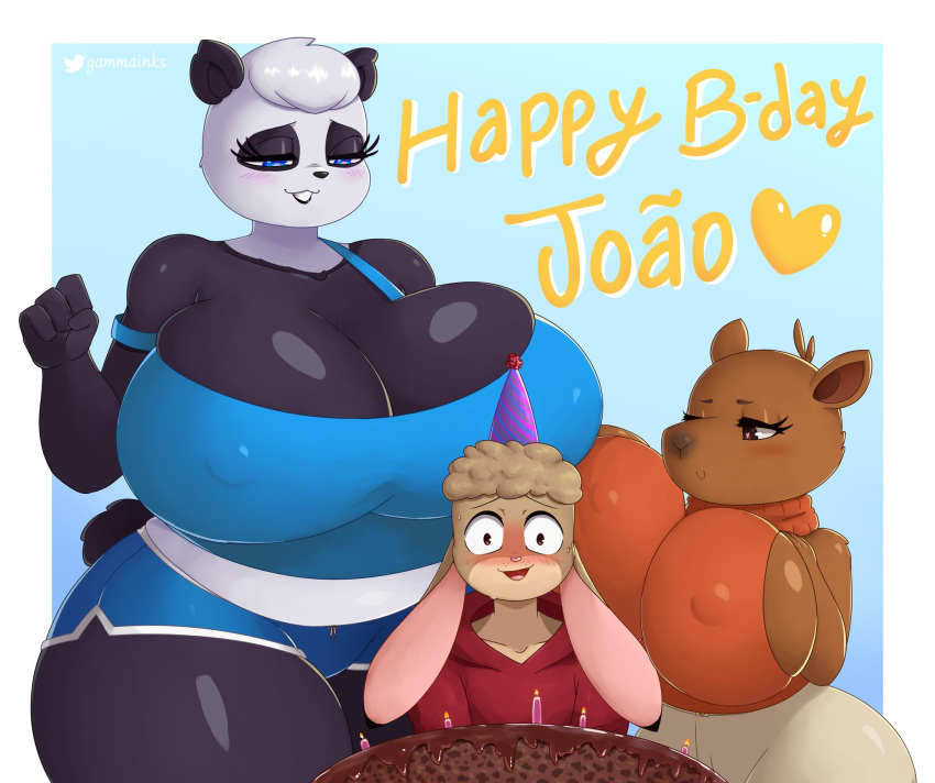 &lt;3 &lt;3_eyes 2022 anthro big_breasts birthday_cake blue_eyes blush bodily_fluids breasts brown_eyes cake candle capybara caviid cleavage clothed clothing dessert english_text eyelashes female food gammainks giant_panda group hat headgear headwear hi_res huge_breasts joao_(joaoppereiraus) lagomorph leporid male mammal nipple_outline pam_(joaoppereiraus) party_hat rabbit rodent simple_background sueli_(joaoppereiraus) sweat sweatdrop text thick_thighs trio ursid