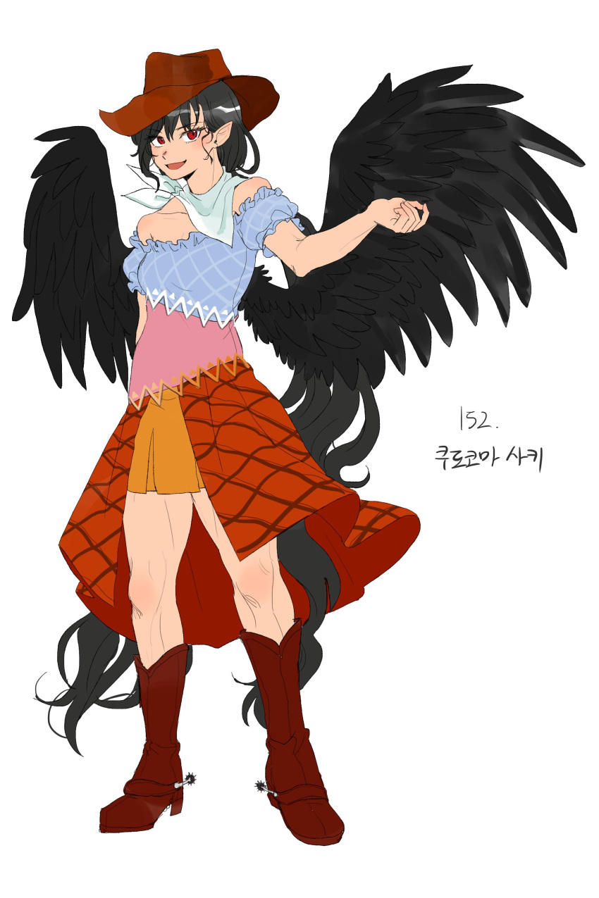 1girl absurdres bandana black_hair black_wings blue_dress boots brown_dress brown_footwear brown_headwear collarbone commentary_request cowboy_boots cowboy_hat cowboy_western derivative_work dress feathered_wings full_body hat highres horse_girl horse_tail korean_commentary kurokoma_saki kuya_(hey36253625) long_hair looking_at_viewer multicolored_clothes multicolored_dress off-shoulder_dress off_shoulder open_mouth pegasus_wings pink_dress plaid plaid_dress pointy_ears ponytail puffy_short_sleeves puffy_sleeves red_eyes scarf short_sleeves simple_background spurs standing tail touhou translation_request white_background white_bandana white_scarf wily_beast_and_weakest_creature wings