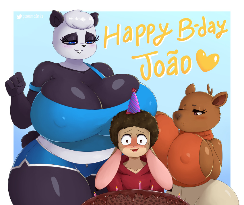 &lt;3 &lt;3_eyes 2022 absurd_res anthro big_breasts birthday_cake blue_eyes blush bodily_fluids breasts brown_eyes cake candle capybara caviid cleavage clothed clothing dessert english_text eyelashes female food gammainks giant_panda group hat headgear headwear hi_res huge_breasts joao_(joaoppereiraus) lagomorph leporid male mammal nipple_outline pam_(joaoppereiraus) party_hat rabbit rodent simple_background sueli_(joaoppereiraus) sweat sweatdrop text thick_thighs trio ursid