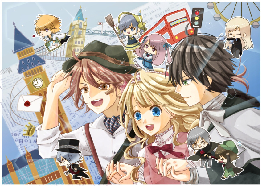 0334325 3girls 6+boys abigail_hudson akechi_ken'ichirou ascot bandaid bandaid_on_cheek bandaid_on_face blonde_hair blowing_kiss blue_eyes blush bonnet bridge broom brown_eyes brown_hair bus cabbie_hat clock clock_tower closed_eyes closed_mouth crown cup double-decker_bus eikoku_tantei_mysteria elizabeth_tower emily_whiteley english_flag envelope ferris_wheel flag flat_cap glasses gloves green_eyes green_shorts grey_hair ground_vehicle hair_ornament hair_ribbon hairband hat herlock_holmes holding holding_broom holding_cup holding_teapot interlocked_fingers jack_millers jean_lupin kobayashi_seiji lolita_hairband london_eye motor_vehicle multiple_boys multiple_girls one_eye_closed open_mouth orange_hair painting_(object) purple_eyes ralph_pendleton red_eyes ribbon sara_marple shorts smile suspenders tailcoat teacup teapot top_hat tower tower_bridge_(london) traffic_light white_gloves william_h._watson