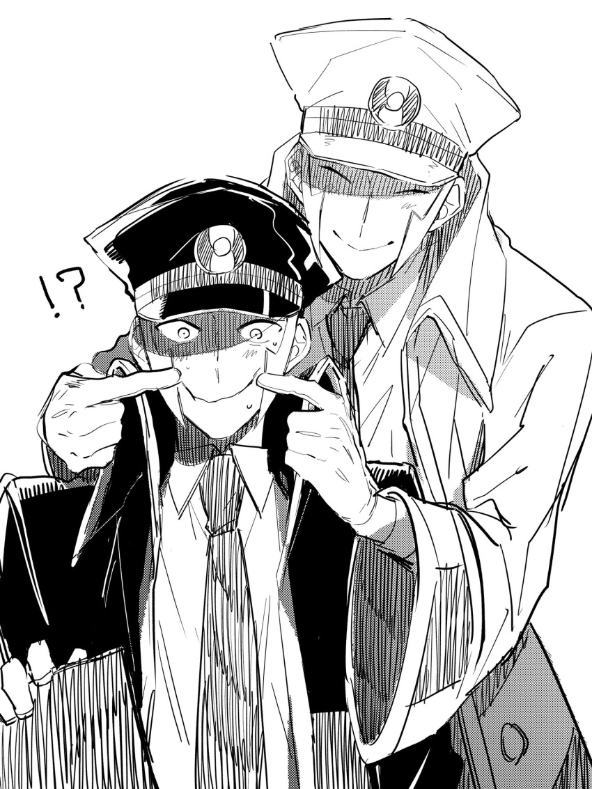 !? :&gt; black_headwear brothers closed_eyes emmet_(pokemon) fingersmile forced_smile gloves greyscale hat highres ingo_(pokemon) ktkng_kn monochrome multiple_boys necktie peaked_cap pokemon pokemon_(game) pokemon_bw siblings sideburns twins white_headwear