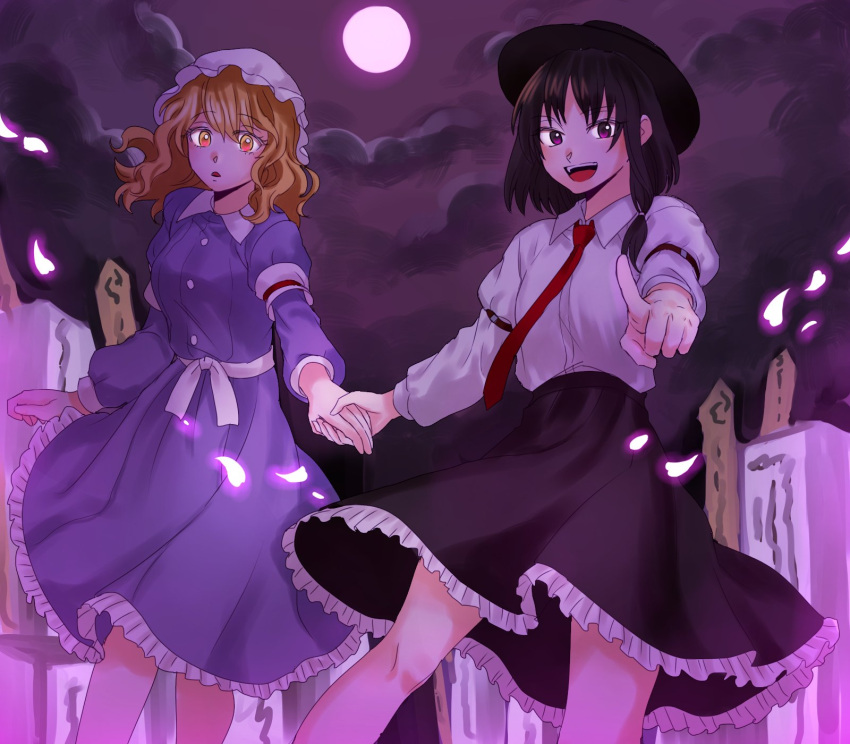 2girls arm_belt black_headwear black_skirt blonde_hair breasts brown_eyes brown_hair collared_shirt commentary_request derivative_work dress fedora frilled_skirt frills ghostly_field_club hat highres holding_hands juliet_sleeves korean_commentary kuya_(hey36253625) long_sleeves maribel_hearn medium_hair mob_cap multiple_girls necktie open_mouth outdoors petals pointing puffy_sleeves purple_dress red_necktie ribbon sash shirt skirt small_breasts teeth tombstone touhou upper_teeth usami_renko white_headwear white_ribbon white_sash white_shirt yellow_eyes