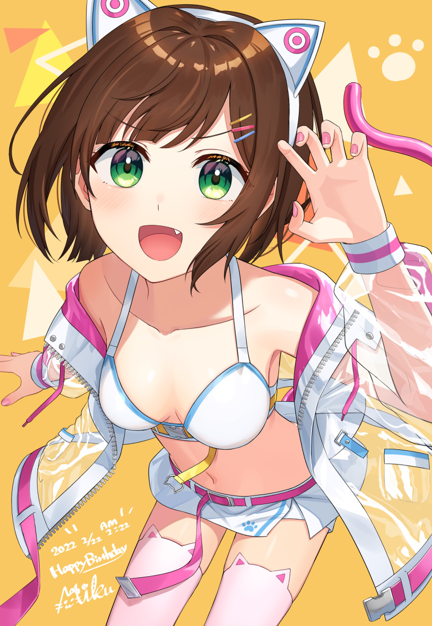 1girl absurdres belt bikini bikini_top_only breasts brown_hair cat_ear_hairband cat_tail commentary_request fang green_eyes highres idolmaster idolmaster_cinderella_girls jacket kurageso leaning_forward looking_at_viewer maekawa_miku medium_breasts microskirt nail_polish navel open_mouth pink_belt pink_nails see-through see-through_jacket short_hair skirt solo swimsuit tail thighhighs white_bikini white_skirt yellow_background