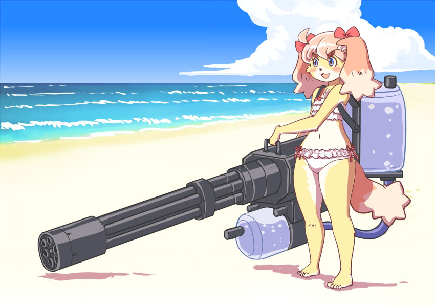 2022 accessory anthro beach bikini blue_eyes canid canine canis clothing domestic_dog eyebrow_through_hair eyebrows eyelashes feet female flat_chested fur gatling_gun gun hair hair_accessory hair_bow hair_ribbon hi_res humanoid_feet itou_sora kemono kinshun76501 machine_gun mammal minigun navel open_mouth open_smile outside plantigrade ranged_weapon ribbons seaside smile solo standing swimwear toy toy_gun translucent translucent_hair water_gun weapon yellow_body yellow_fur