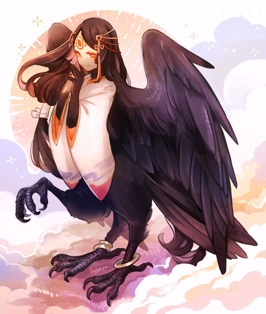 1girl animal_hands anklet bangs bird_legs black_feathers black_hair black_wings cloud commentary_request extra_legs feathered_wings feathers forehead_tattoo harpy highres hogara jewelry long_hair monster_girl original parted_bangs solo wide_sleeves wings yatagarasu