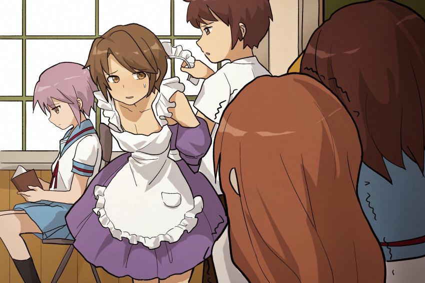 2boys 3girls apron asahina_mikuru bangs black_legwear blue_sailor_collar blue_skirt bob_cut book brown_eyes brown_hair chair closed_mouth collarbone commentary_request crossdressing danshi_koukousei_no_nichijou dress embarrassed expressionless eyebrows_visible_through_hair frilled_apron frills from_behind from_side hair_ribbon hairband headdress highres holding holding_book indoors kita_high_school_uniform kl_(reikishikl) kneehighs koizumi_itsuki kyon long_hair maid maid_headdress multiple_boys multiple_girls nagato_yuki open_mouth orange_hair parody pectoral_cleavage pectorals purple_dress purple_hair reading red_ribbon ribbon sailor_collar school_uniform serafuku shiny shiny_hair shirt short_hair short_sleeves sitting skirt suzumiya_haruhi suzumiya_haruhi_no_yuuutsu sweatdrop trembling white_hairband white_shirt window yellow_ribbon