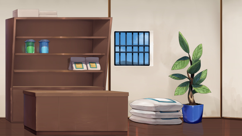 bag box commentary_request cookie_(touhou) counter day fuka_(kantoku) highres indoors no_humans plant potted_plant shelf window wooden_floor