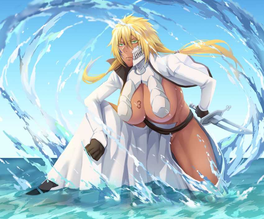 1girl arrancar bangs black_gloves bleach blonde_hair blue_sky breast_tattoo breasts broken_mask cleavage cropped_jacket dark-skinned_female dark_skin espada gloves green_eyes hakama highres hip_vent jacket japanese_clothes large_breasts long_hair long_sleeves low_twintails mask navel number_tattoo sakuya_(liao_kj) sky solo sword tattoo thighs tier_harribel twintails underboob water weapon white_hakama white_jacket