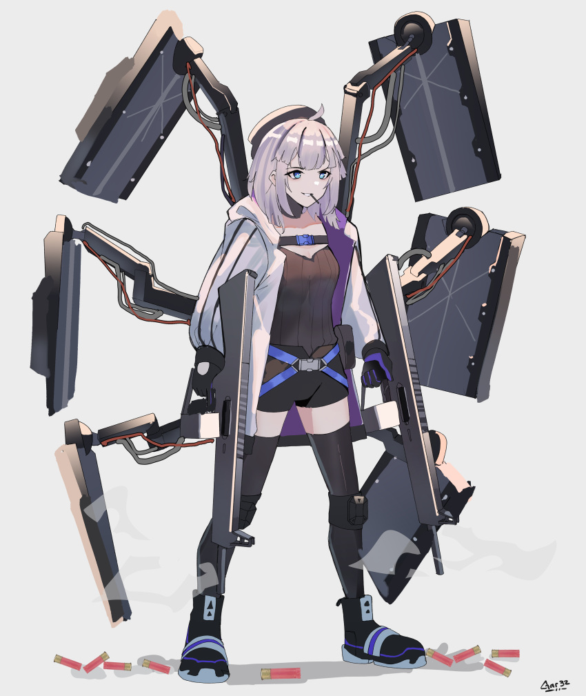 1girl aa-12 aa-12_(girls'_frontline) absurdres ahoge bangs beret black_footwear black_gloves black_headwear black_legwear black_shirt black_shorts blue_eyes breasts commentary drum_magazine dual_wielding english_commentary food food_in_mouth gar32 girls'_frontline gloves grey_background grey_hair grin gun hat highres holding holding_gun holding_weapon hood hood_down hooded_jacket jacket long_sleeves looking_away magazine_(weapon) mouth_hold object_namesake open_clothes open_jacket pocky puffy_long_sleeves puffy_sleeves ribbed_shirt shirt shoes short_shorts shorts shotgun shotgun_shell small_breasts smile solo thighhighs trigger_discipline weapon white_jacket