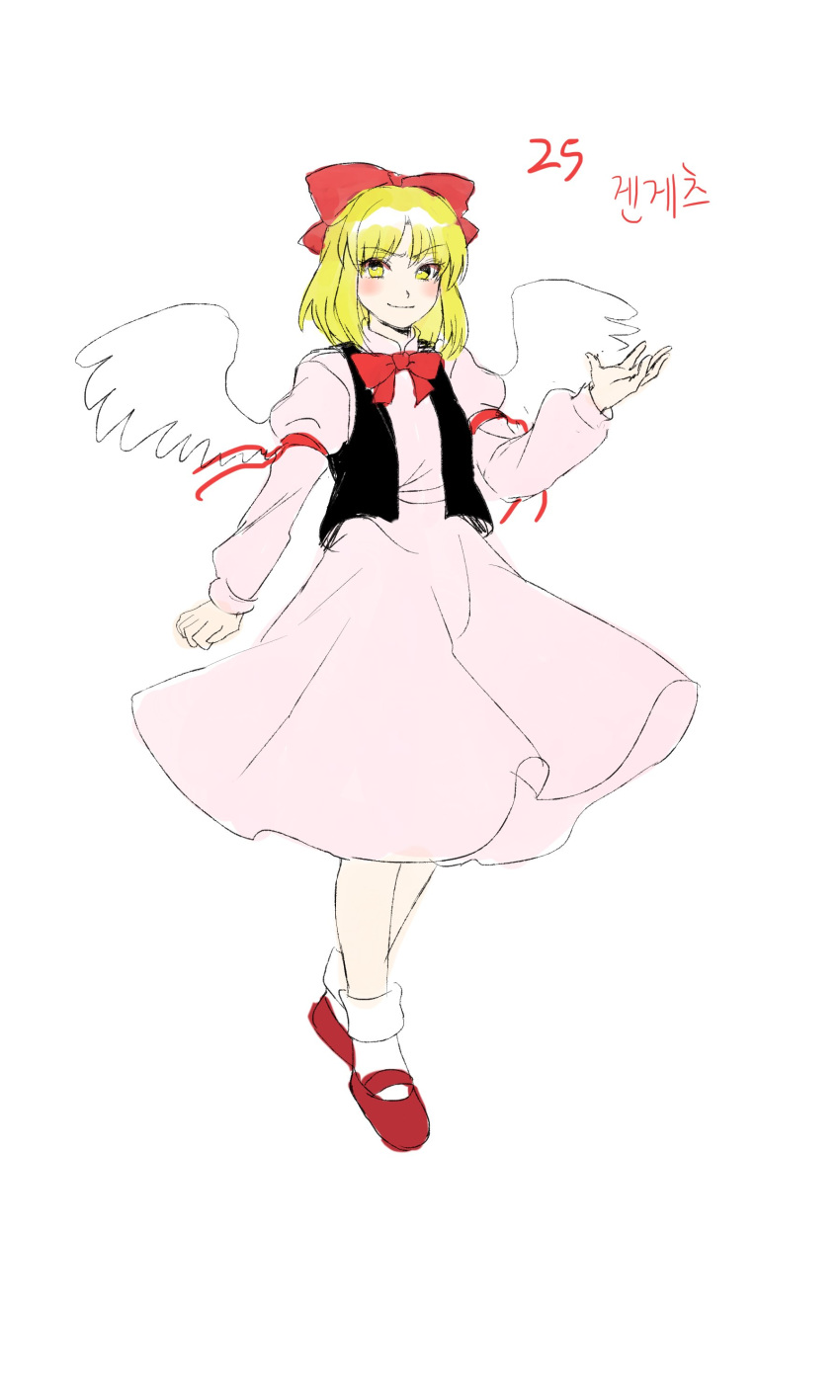 1girl absurdres bangs black_vest blonde_hair bow bowtie closed_mouth collared_dress commentary_request derivative_work dress eyebrows_visible_through_hair eyelashes feathered_wings full_body gengetsu_(touhou) gesture hair_bow happy highres juliet_sleeves korean_commentary kuya_(hey36253625) light_blush long_sleeves looking_at_viewer lotus_land_story mary_janes open_clothes open_vest pink_dress puffy_sleeves red_bow red_bowtie red_footwear red_ribbon ribbon shoes short_hair simple_background smile socks touhou touhou_(pc-98) translation_request vest white_background white_legwear white_wings wings yellow_eyes