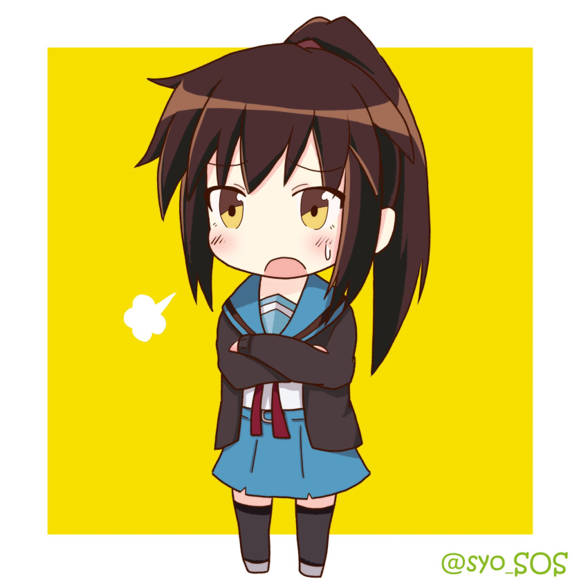 1girl artist_name bangs belt black_legwear blue_sailor_collar blue_skirt blush border breath brown_cardigan brown_eyes brown_hair cardigan chibi commentary_request crossed_arms eyebrows_visible_through_hair full_body genderswap genderswap_(mtf) highres kita_high_school_uniform kyonko long_hair long_sleeves open_cardigan open_clothes open_mouth ponytail red_ribbon ribbon sailor_collar school_uniform serafuku simple_background skirt solo standing suzumiya_haruhi_no_yuuutsu sweatdrop thighhighs tsukumo_(tsukumo_sos) twitter_username watermark white_background white_border yellow_background zettai_ryouiki