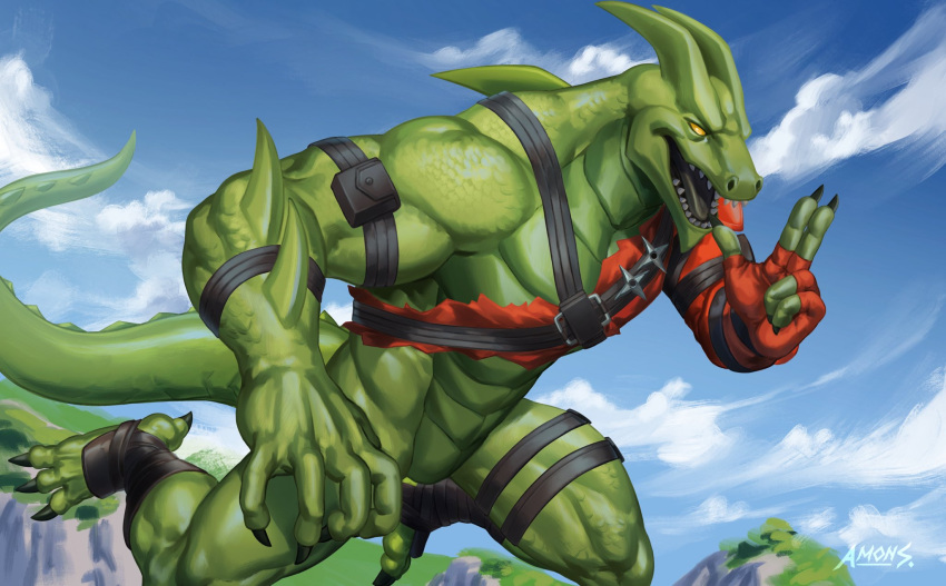 2021 amon-sydonai anthro biceps blue_sky claws cloud day digital_media_(artwork) dragon epic_games featureless_crotch finger_claws fortnite gesture grass green_body green_scales hi_res hybrid_(fortnite) male mostly_nude muscular muscular_anthro muscular_male muscular_thighs open_mouth outside plant pose quads ranged_weapon scales scalie sharp_teeth shuriken sky solo suspended_in_midair teeth thick_thighs tongue video_games weapon wingless_dragon