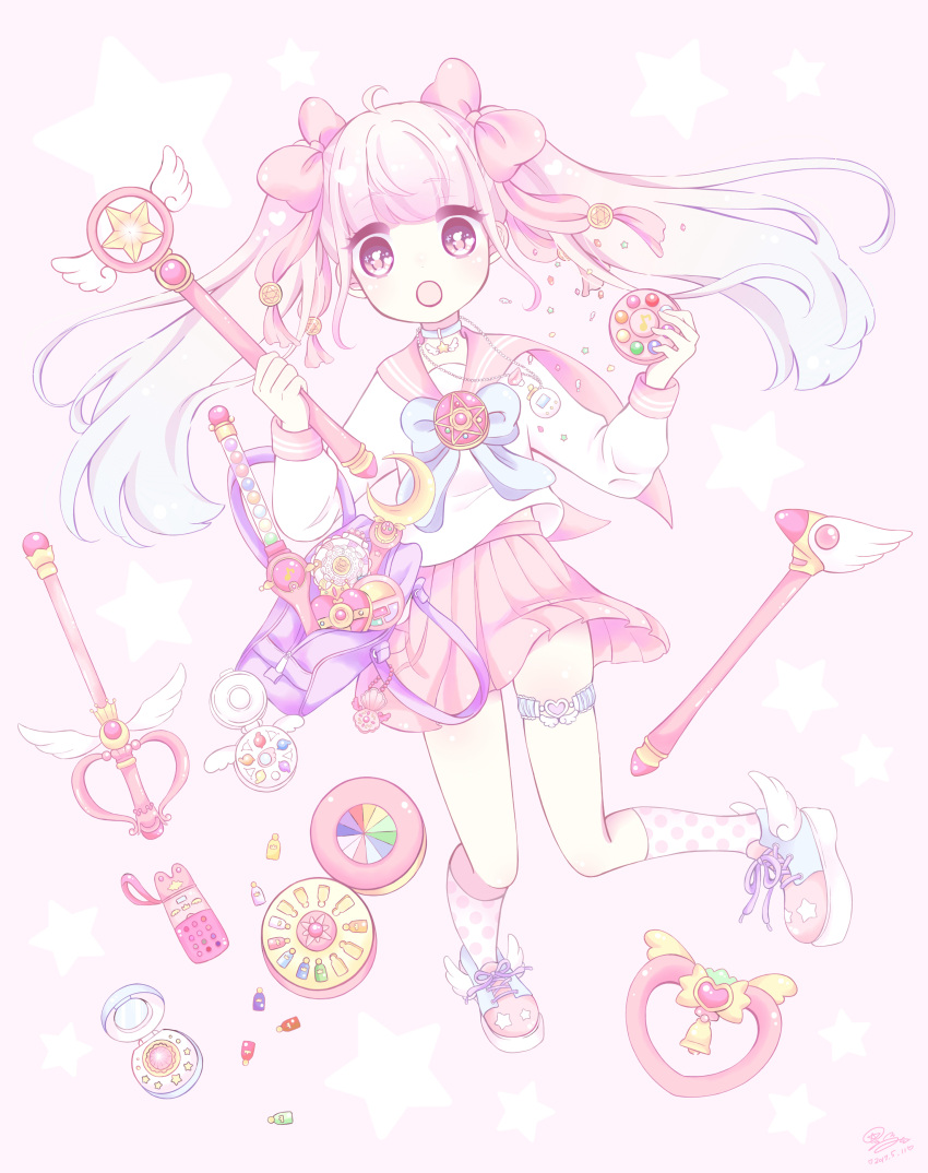 absurdres ayumin39 blue_bow bow cardcaptor_sakura choker fuuin_no_tsue garters gradient_hair highres holding holding_wand hoshi_no_tsue long_hair magical_girl multicolored_hair original pastel_colors pink_background pink_bow pink_eyes pink_hair pink_skirt polka_dot polka_dot_legwear school_uniform serafuku skirt tagme twintails wand white_hair winged_footwear