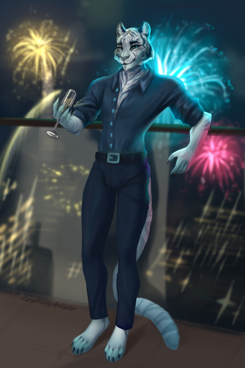 alcohol anthro ariwalter beverage bulge claws felid fireworks hi_res holidays male mammal new_year pantherine solo solo_focus tiger