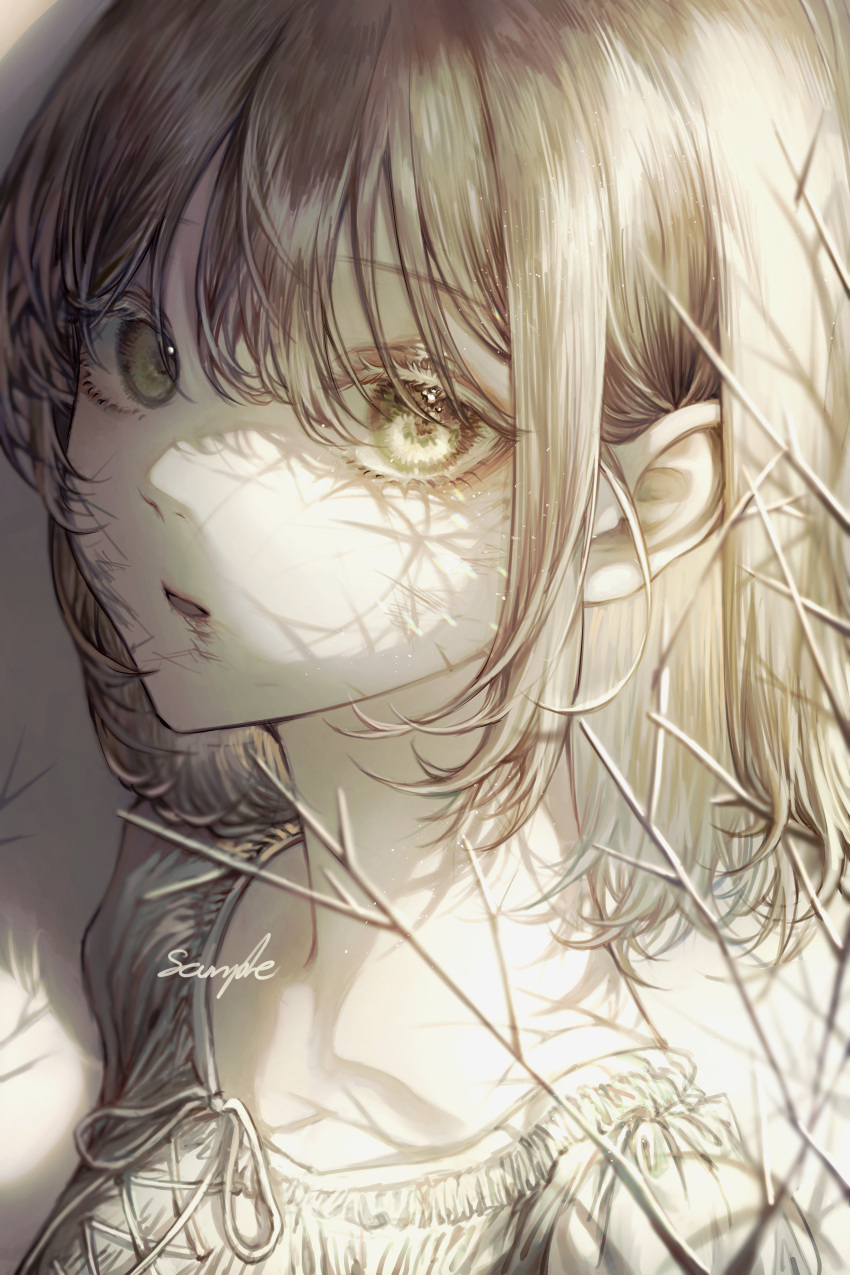 1girl absurdres bangs blonde_hair dress eyebrows_visible_through_hair hair_between_eyes highres ind_(121) looking_at_viewer looking_to_the_side monochrome open_mouth original portrait scratches sepia short_hair solo yellow_eyes