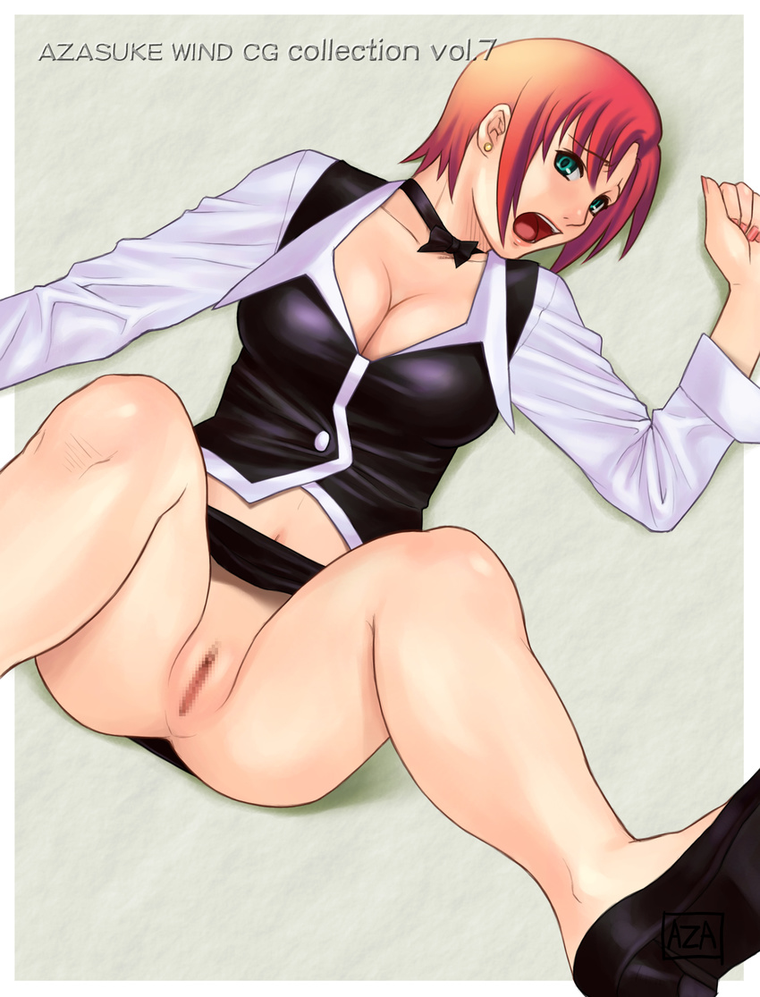 1girl absurdres azasuke bow bowtie breasts censored cleavage earrings from_above green_eyes high_heels highres jewelry legs_up lying midriff miniskirt nail_polish navel no_panties on_back open_mouth pubic_hair pussy red_hair rio rio_rollins shaved_pussy shoes short_hair skirt solo spread_legs super_blackjack upskirt