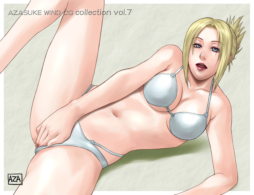 arm_support azasuke bikini blonde_hair blue_eyes breasts female fingering highres leg_lift lying masturbation midriff navel nina_williams on_side sequential sequential_set solo spread_legs swimsuit swimsuit_aside tekken vaginal