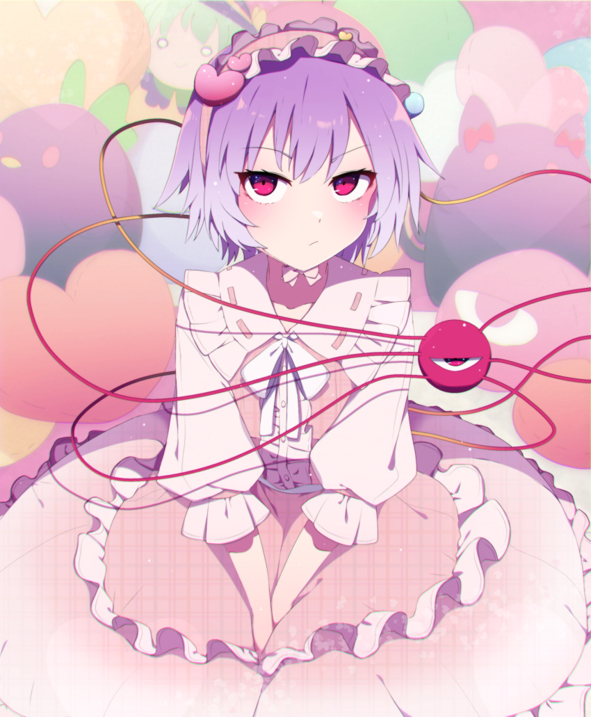 1girl :/ absurdres alternate_costume bangs blush bow_choker character_doll closed_mouth dress eyebrows_visible_through_hair frilled_shirt_collar frills heart heart_pillow highres indoors kaenbyou_rin kaenbyou_rin_(cat) komeiji_koishi komeiji_satori long_sleeves looking_at_viewer pillow pink_dress puffy_long_sleeves puffy_sleeves purple_eyes purple_hair reiuji_utsuho reiuji_utsuho_(bird) sleeves_past_elbows solo third_eye touhou v_arms you_(noanoamoemoe)