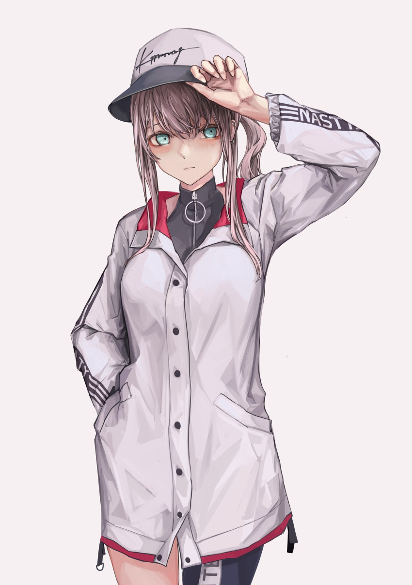 1girl absurdres aqua_eyes ar-57_(girls'_frontline) bangs blonde_hair blush breasts closed_mouth earrings eye_piercing eyebrows_visible_through_hair feet_out_of_frame girls'_frontline hand_in_pocket hand_on_headwear highres jacket jewelry lithographica long_hair looking_at_viewer single_thighhigh solo standing thighhighs white_background white_headwear white_jacket