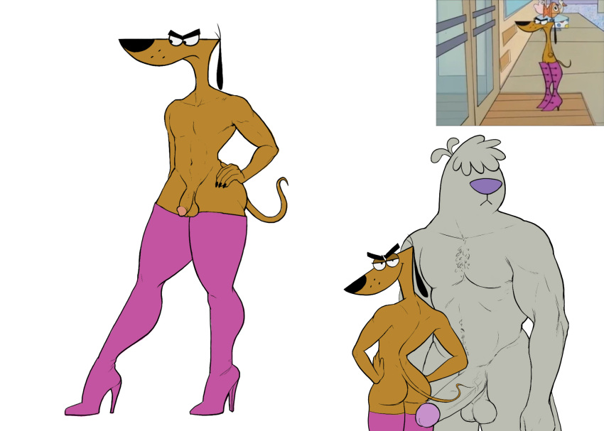 2_stupid_dogs anthro balls bedroom_eyes big_penis boots boots_only butt canid canine canis chest_tuft clothing domestic_dog duo eebahdeebah erection footwear footwear_only genitals hair hair_over_eyes half-closed_eyes hanna-barbera hi_res huge_penis humanoid_genitalia humanoid_penis inviting legwear looking_at_viewer looking_back looking_back_at_viewer male male/male mammal mostly_nude muscular muscular_anthro muscular_male narrowed_eyes nude penis seductive simple_background smile smirk smug smug_face smug_grin the_big_dog the_little_dog thigh_boots thigh_highs tuft white_background