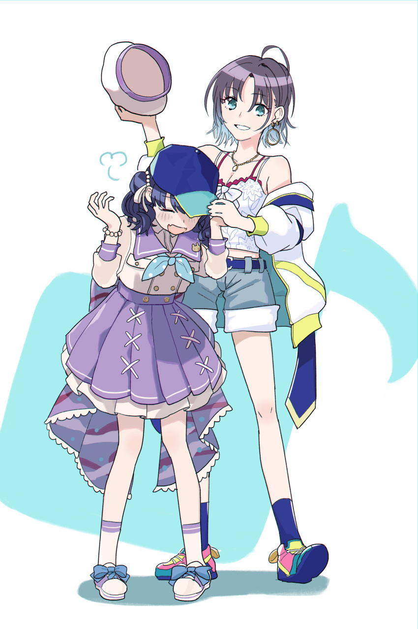 2girls absurdres ahoge asakura_tooru bare_shoulders baseball_cap belt black_hair blue_hair blue_legwear bracelet earrings fangs fukumaru_koito full_body gradient_hair green_eyes hair_ribbon hat highres hoop_earrings idolmaster idolmaster_poplinks idolmaster_shiny_colors jacket jewelry multicolored_hair multiple_girls neckerchief off_shoulder open_clothes open_jacket purple_skirt ribbon sailor_collar see-through_sleeves short_hair shorts skin_fangs skirt sumi_(tebukuro00) symbol-only_commentary twintails white_legwear