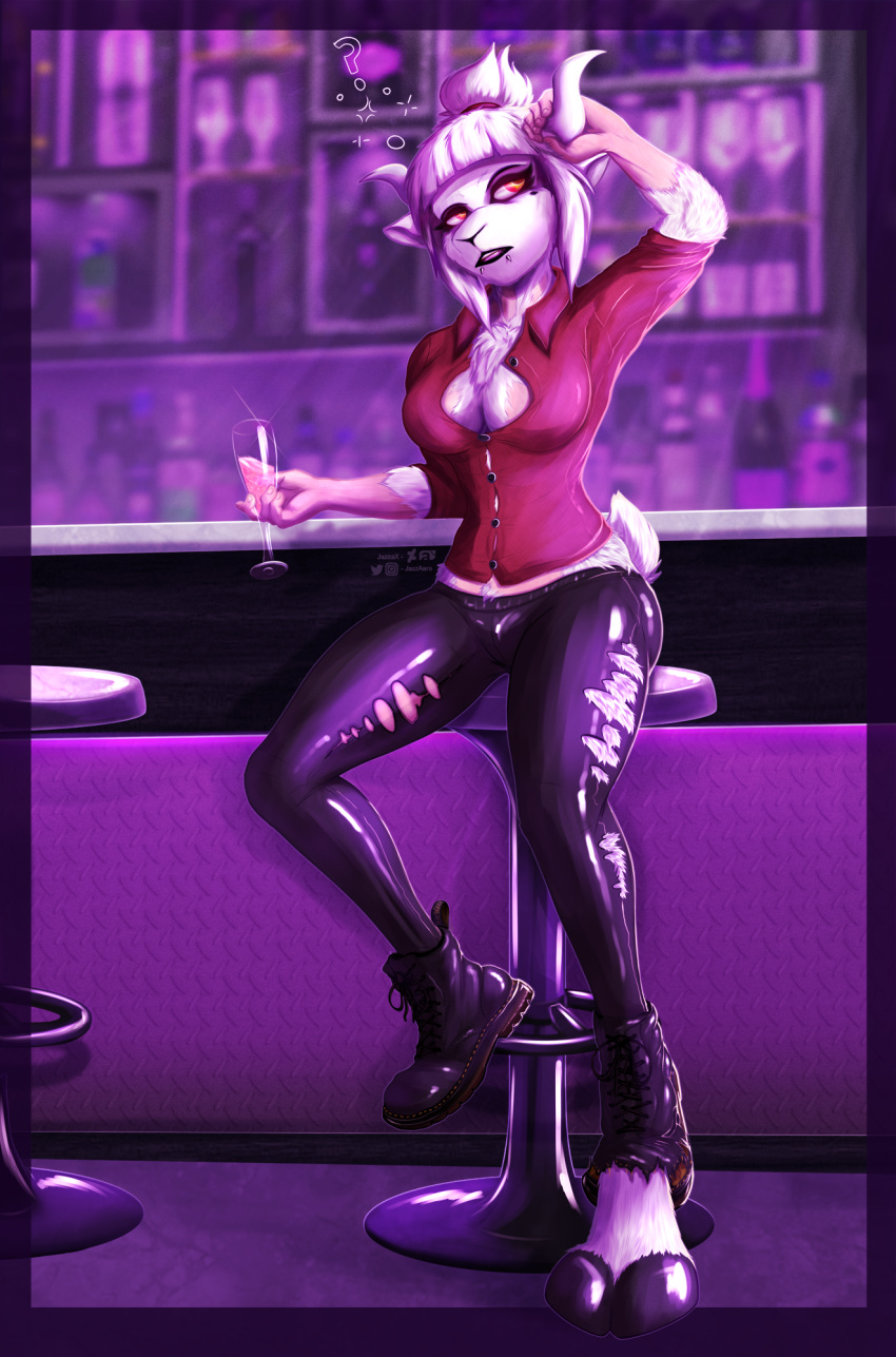 anthro bar barstool biped bovid breasts caprine clothing female fur fur_growth goat growth helltaker hi_res hooves horn horn_growth human human_to_anthro jazzax mammal mid_transformation solo species_transformation torn_clothing transformation white_body white_fur