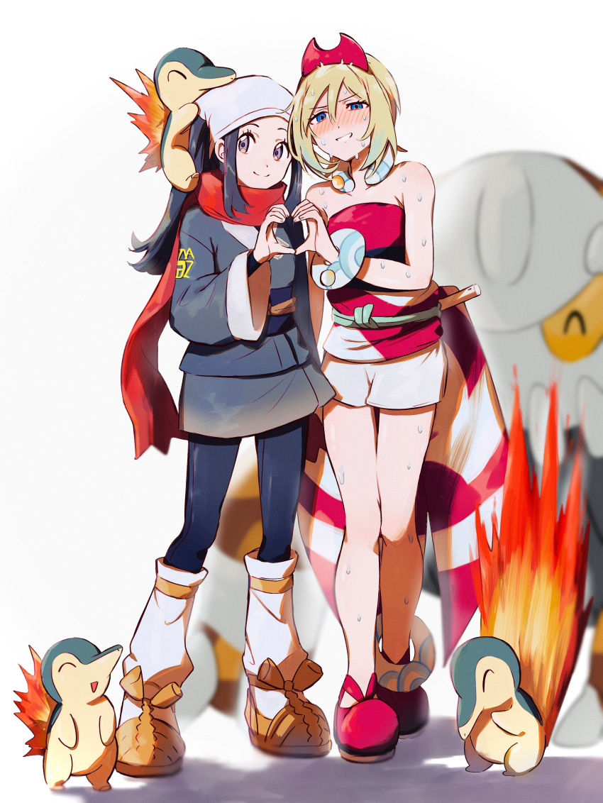 2girls absurdres akari_(pokemon) anklet arm_wrap black_hair black_undershirt blonde_hair blue_eyes blush bracelet cyndaquil floating_scarf forced_smile full_body galaxy_expedition_team_survey_corps_uniform grey_eyes hairband hamachamu head_scarf heart heart_hands heart_hands_duo heatran highres hot irida_(pokemon) jewelry knees long_hair multiple_girls neck_ring nose_blush pokemon pokemon_(creature) pokemon_(game) pokemon_legends:_arceus red_hairband red_headwear red_scarf scarf shirt short_hair short_shorts shorts smile strapless strapless_shirt sweat waist_cape white_headwear white_shorts