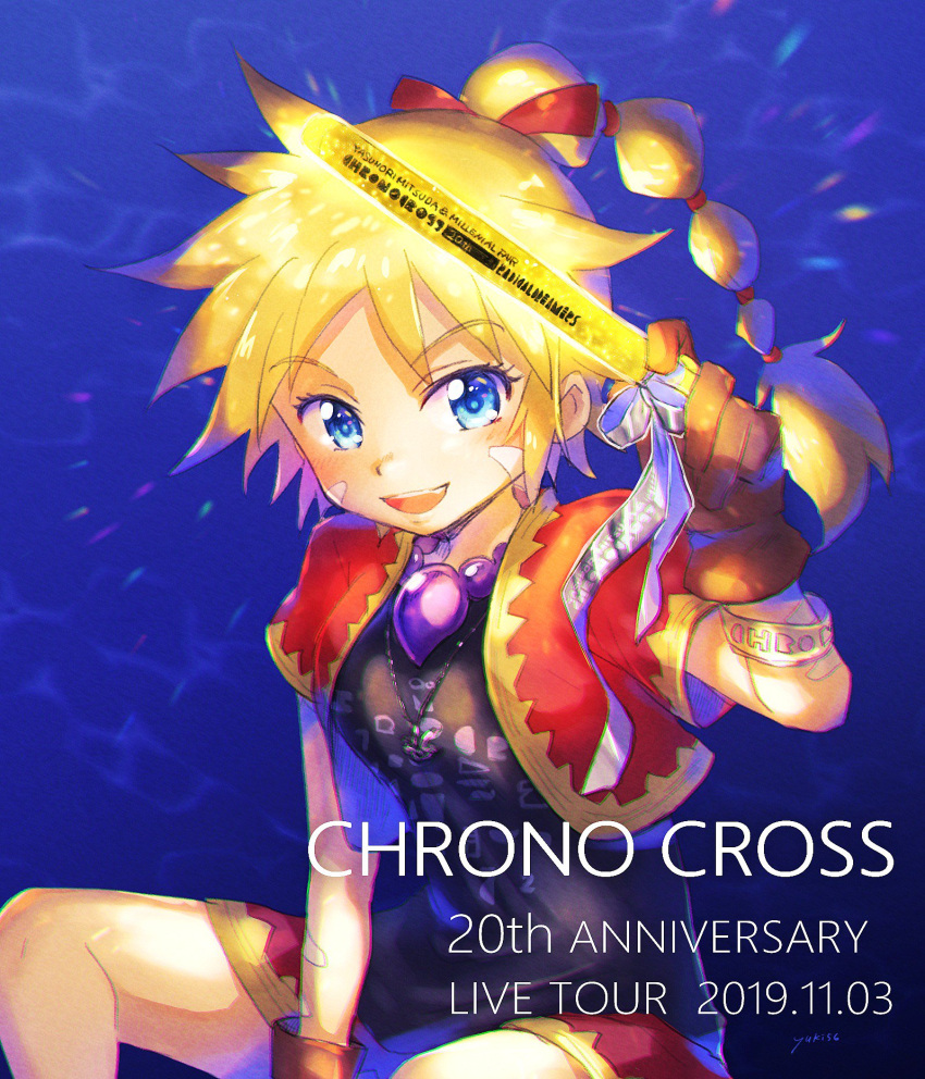 1girl bandages blonde_hair blue_eyes breasts chrono_cross copyright_name facial_mark gloves high_ponytail highres jewelry kid_(chrono_cross) long_hair looking_at_viewer multi-tied_hair necklace open_mouth ponytail skirt smile solo vest yuki56